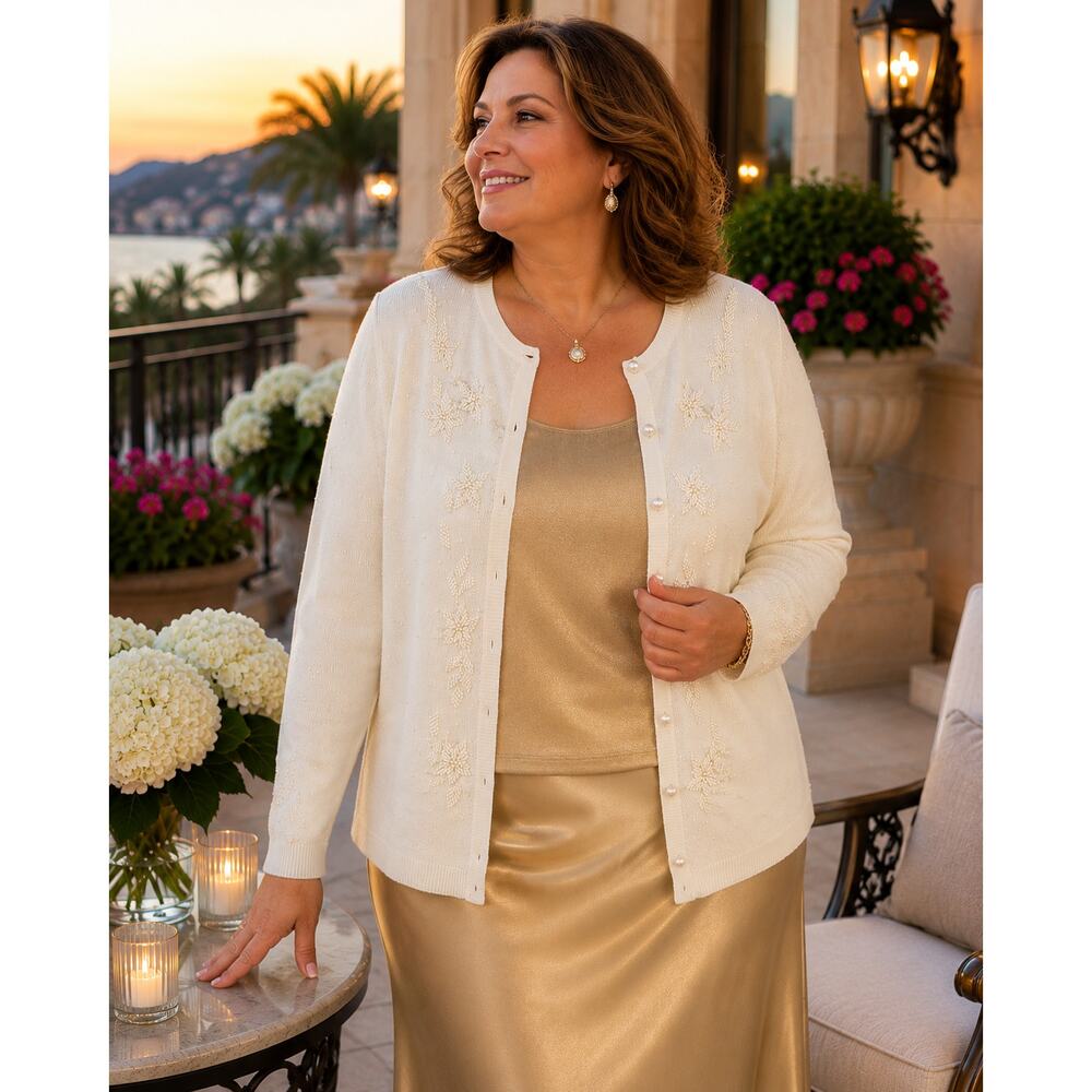 VTG Ivory Beaded Cardigan Sweater Women's 2X Pearl Button Floral Embellished